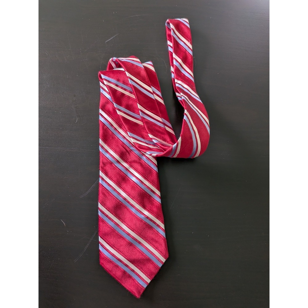Ike Behar Red Regimental Striped  (Blue‎ White) Tie Silk USA Made 60"